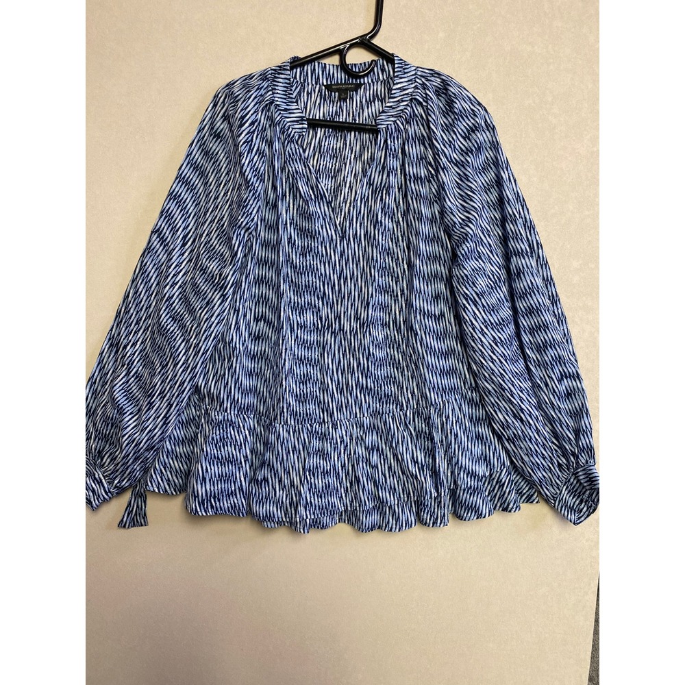 Banana Republic Blue White Abstract Peplum Blouse V-Neck Tie Back Size L